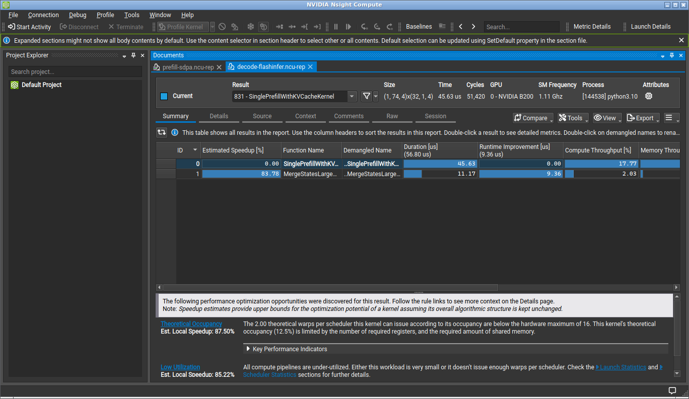 Nsight Compute summary showing FlashInfer decode main and merge kernels