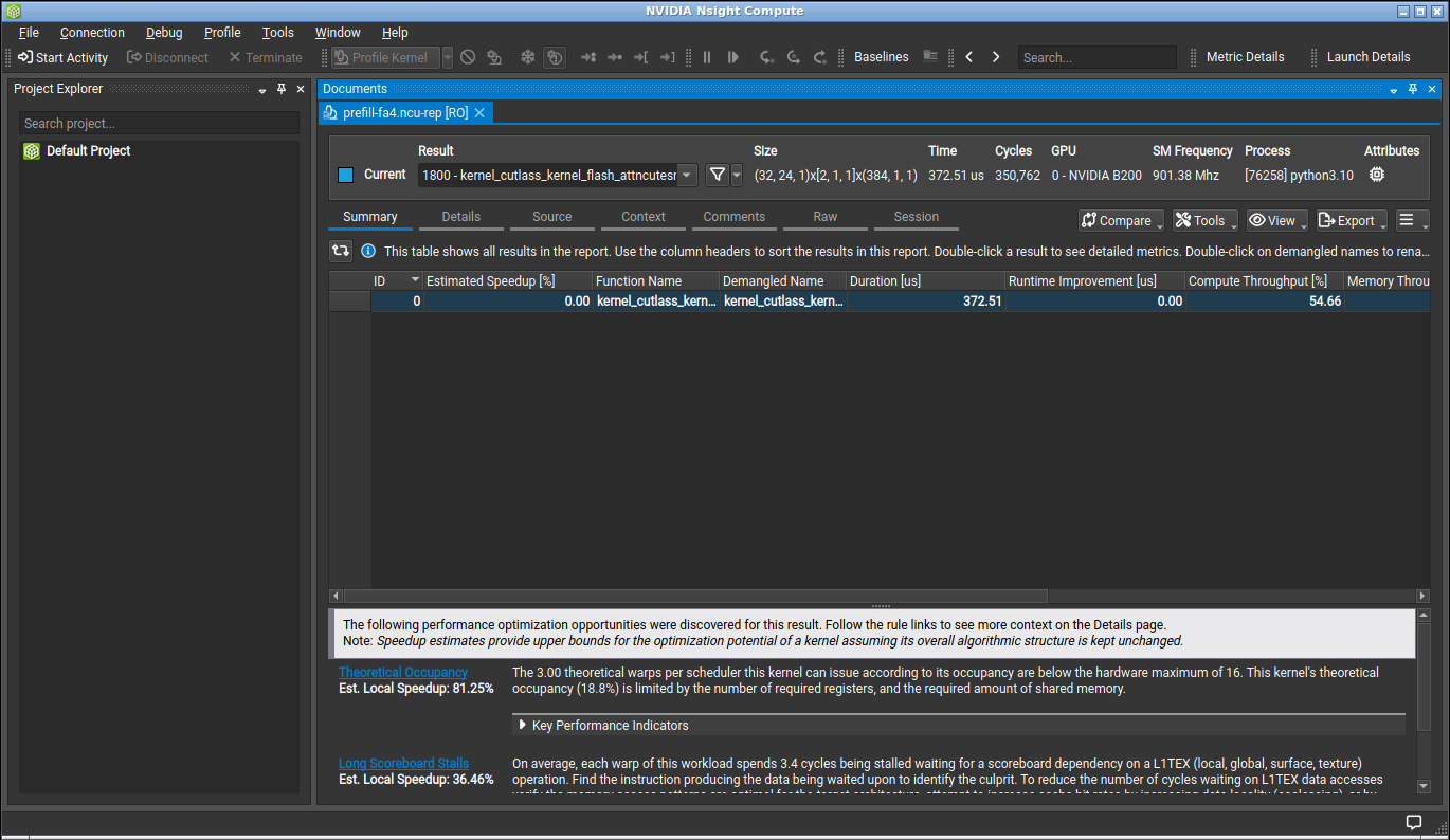 Nsight Compute Summary showing one fused FlashAttention-4 prefill kernel row