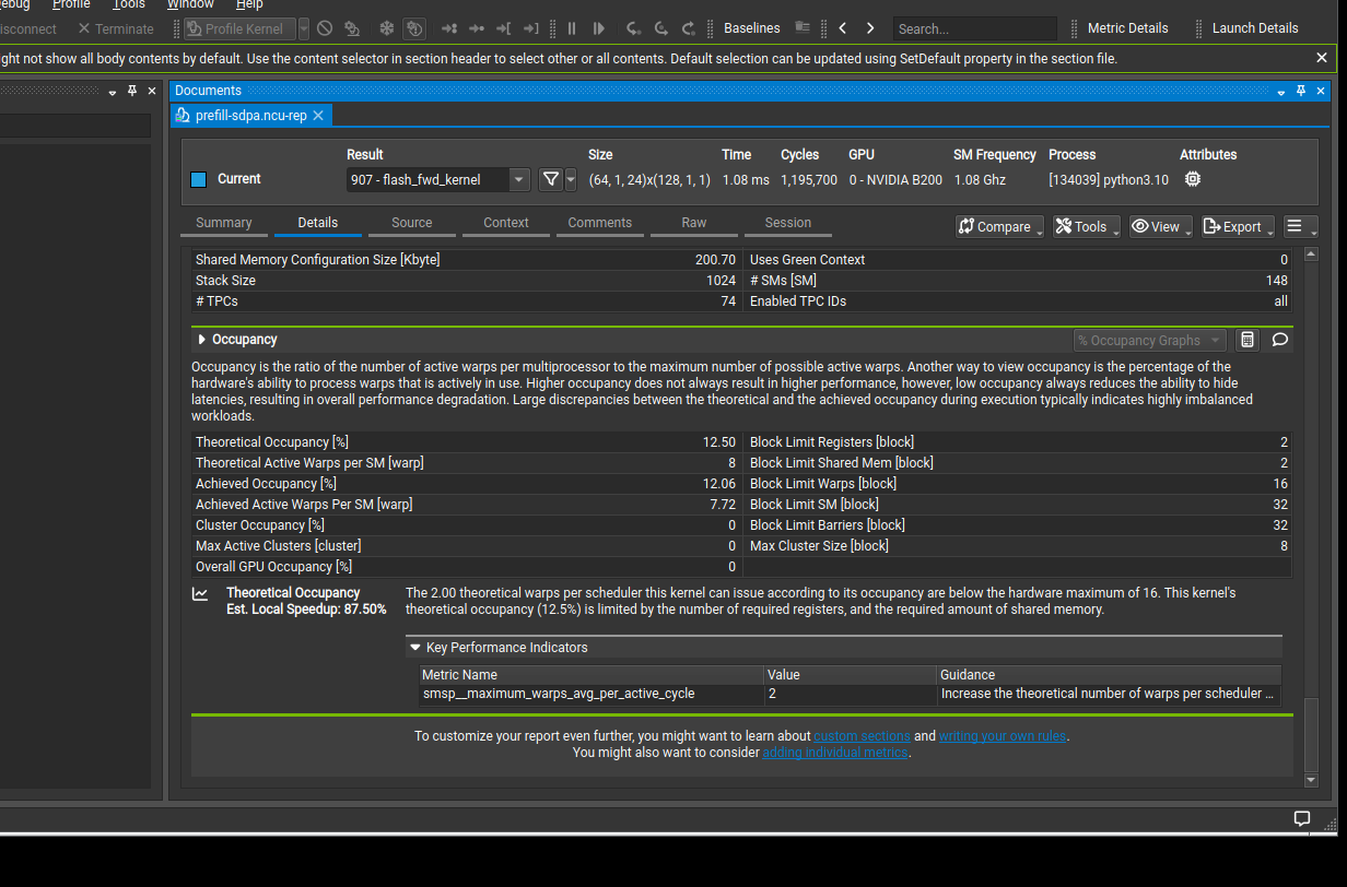 Nsight Compute Occupancy section for PyTorch SDPA prefill